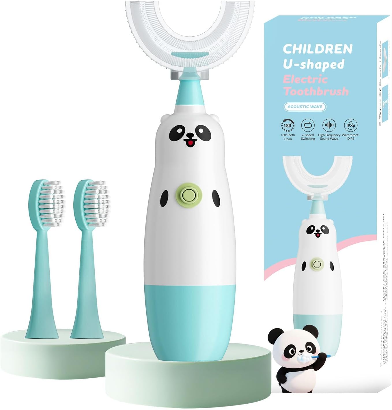 Kids U-Shaped Electric Toothbrush with 2 Brush Heads, Toddlers Sonic with 360 Degree Cleaning, Soft Bristles, Battery Included, IPX7 Waterproof, Cute cartoon for Girls and Boys, Ages 2-7 (Blue)