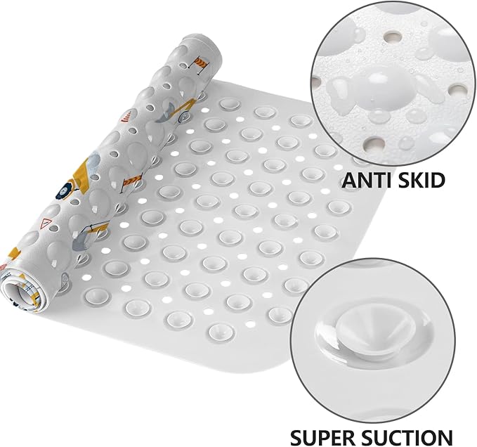 LNOND Bath Mat for Tub for Kids, Boy Toddler Bathtub mat Non Slip, Yellow Excavator Kids Bath Mats for Bathroom Non Slip with Drain Holes and Suction Cups,Machine Washable (40 X 16 Inch)