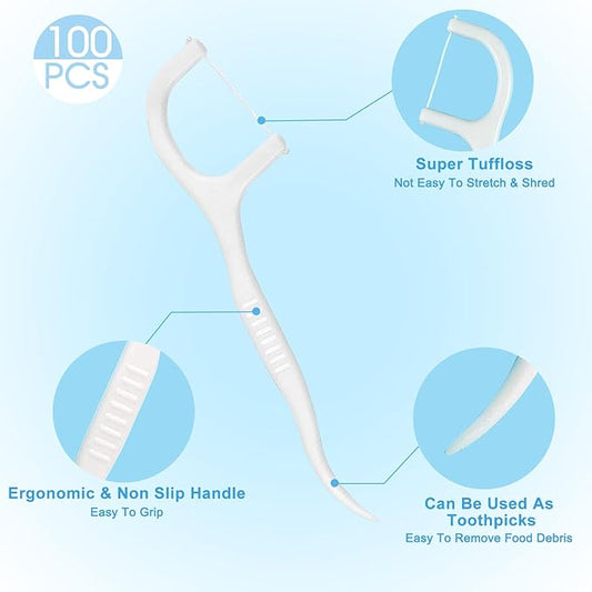 Eyxformula 100 Count Individually Wrapped Floss Picks – Travel Size Toiletries Dental Flossers for Daily Teeth Cleaning, Oral Care, Fresh Breath, Single Floss Sticks for Guest Bathroom, Hotel, Wedding