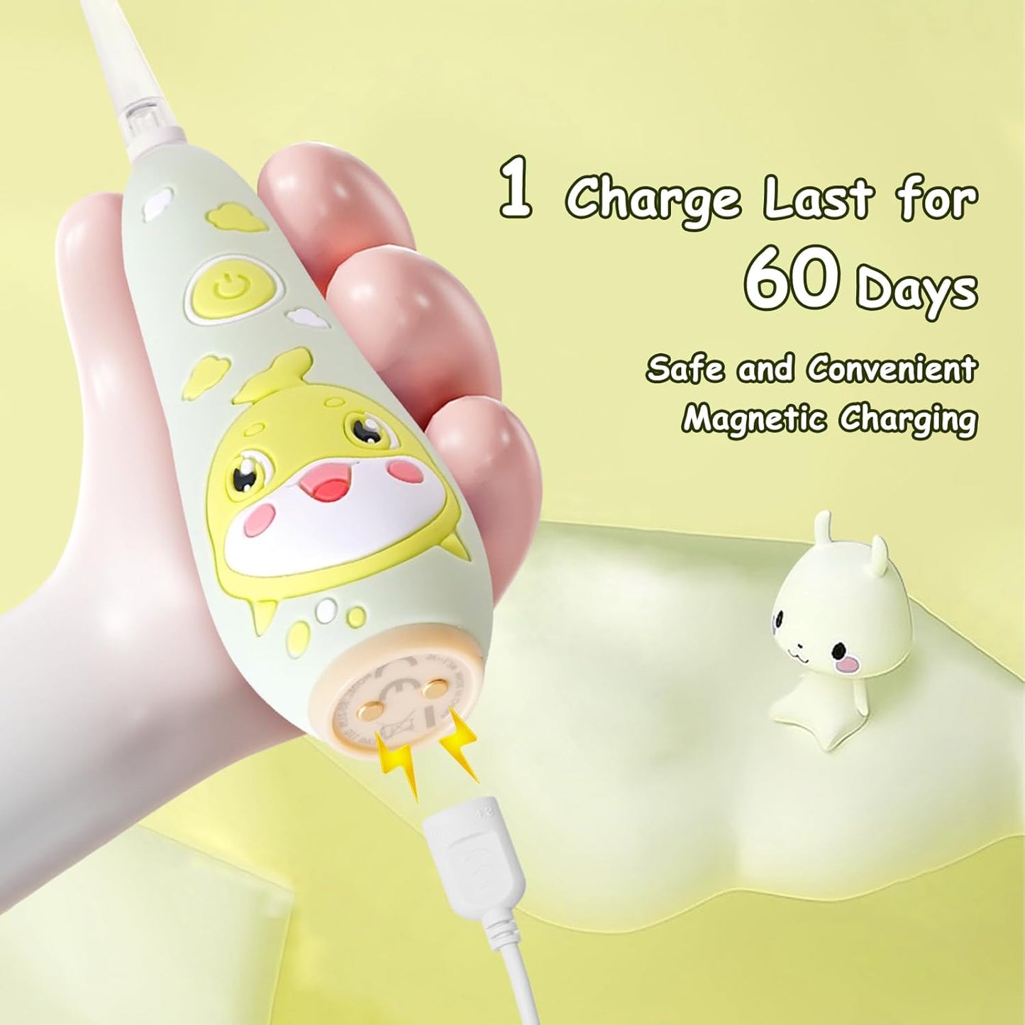 teeteck Electric Toothbrush for Kids - Toddler Electric Toothbrush with Magnetic Charging, Includes 2 Brush Heads, Magnetic USB Charging Cable for Ages 1-6 Boys Girls (Yellow