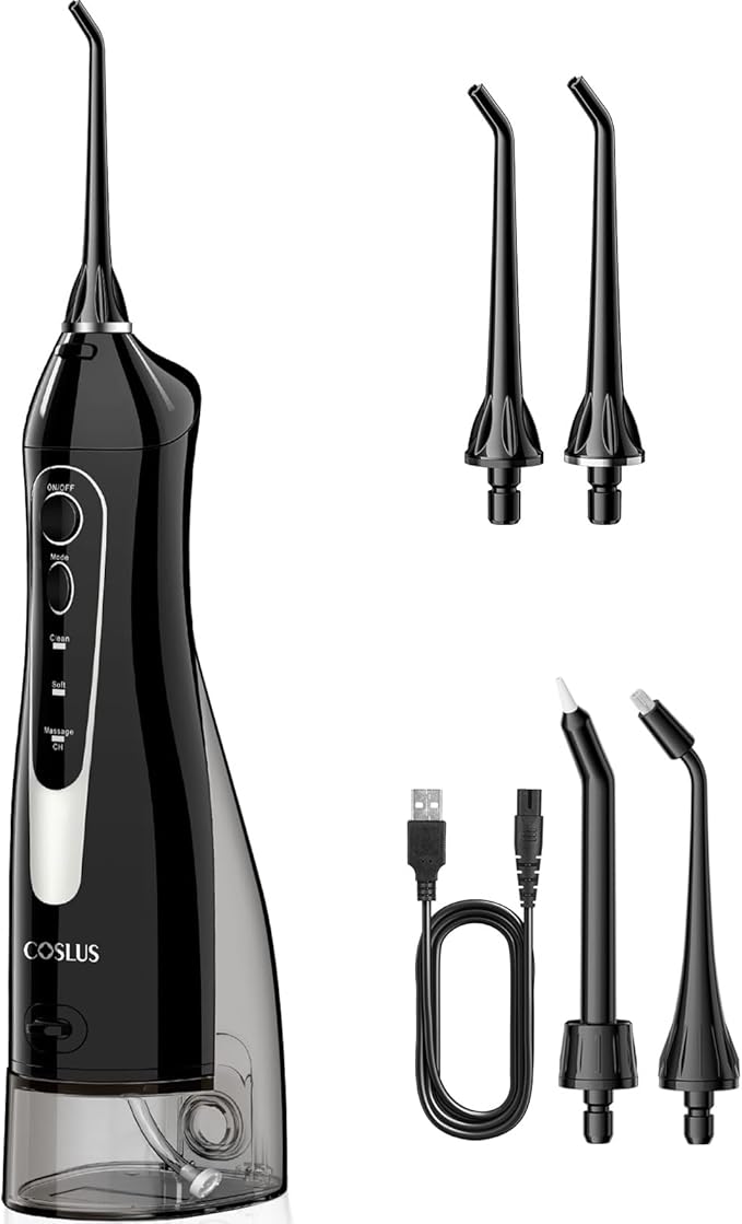 COSLUS Water Flosser Dental Pick: 300ML Oral Irrigator for Teeth Cleaning, Orthodontic, Braces & Sensitive Gums, Cordless Portable for Travel, IPX7 Waterproof, for Adults Teens Family Use, with 4 Tips