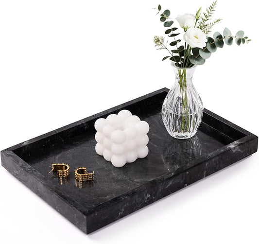 Marble Bathroom Tray for Countertop & Home Decor, Natural Decorative Marble Tray for Jewelry & Perfume Organizer, Luxury Stone Vanity Trays for Dresser, Kitchen Counter, 12" x 8", Gray Black