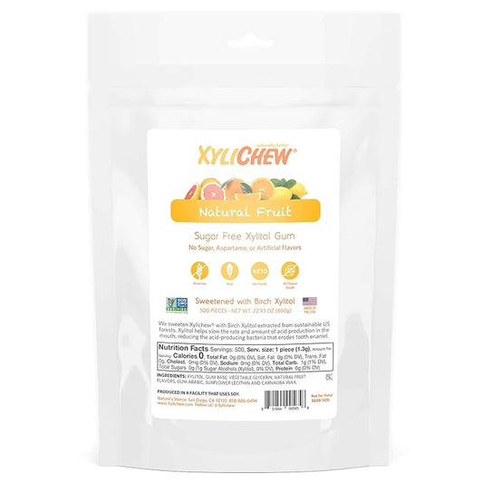 Xylichew 100% Xylitol Chewing Gum - Non GMO, Non Aspartame, Gluten Free, and Sugar Free Gum - Natural Oral Care, Relieves Bad Breath and Dry Mouth - Fruit, 500 Count