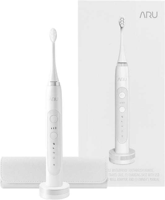ARU Sonic Toothbrush Starter Kit with Customizable Modes and 2 Minute Timer, ADA-Approved Electric Toothbrush for Adults, Soft Toothbrush for Gums, 45+ Days Battery, Travel Case, Arctic White