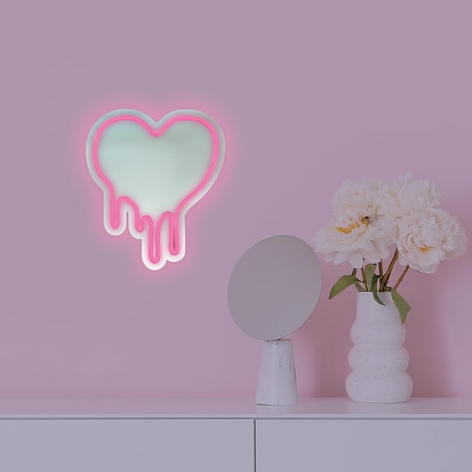 Pink Heart LED Light with Melting Design, Mirror Neon Sign for Bedroom Wall Decor, Light Pink Heart Wall Mirror, 12”x11” Neon Sign for Girls Room