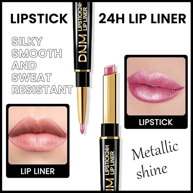Kaely 2-in-1 Rose Pink Metallic Shine Shimmer Lip Liner & Lipstick Combo Set Kit for Women, Lightweight Hydrating Formula High Impact Full Coverage Lipstick and Lip Liner Makeup Stains Gloss 21