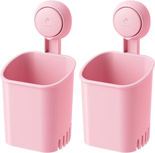LEVERLOC Powerful Suction Toothbrush Holder 2 Pack, Removable Drill-Free Wall Shower Holder for Toothbrush, Toothpaste, Razor, Self-draining Suction Cup in Shower, Kitchen Tableware Organizer, Pink