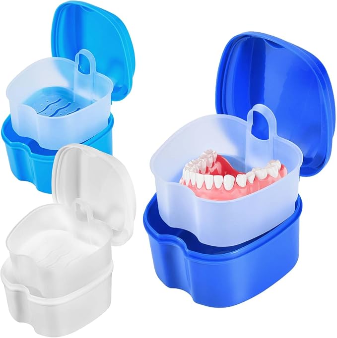 3 Pack Colors Denture Bath Case Cup Box Holder Storage Soak Container with Strainer Basket for Travel Cleaning (White, Blue, Light Blue)