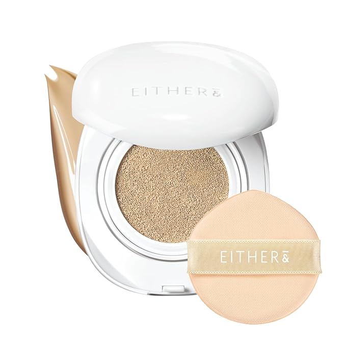 EITHER& Glow Pixel Cushion Foundation, Natural Coverage, Glow Finish – Up to 100 Hours, Moisturizing and Hydrating, Korean Beauty (#23N Sand, 12g)