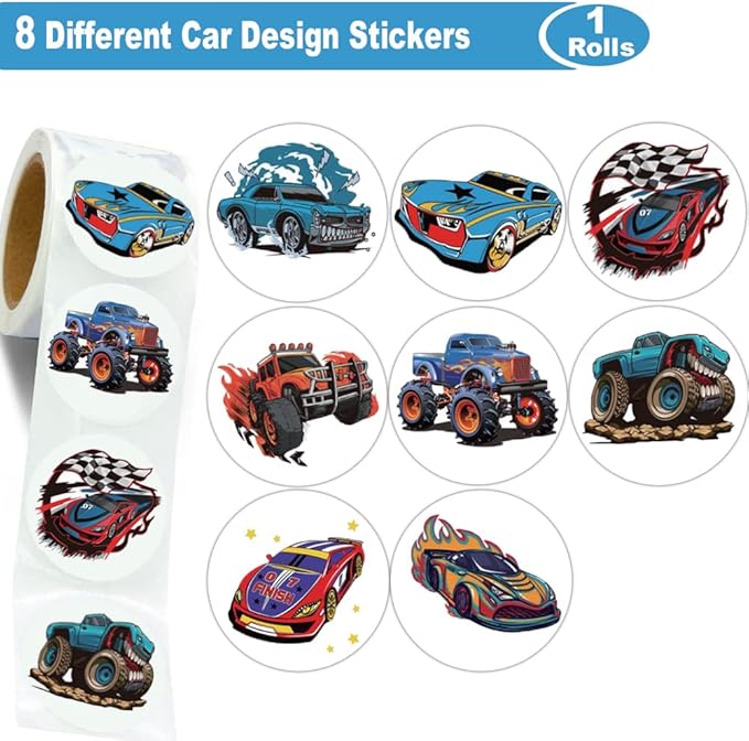 600Pcs Monster Truck and Race Car Stickers for Kids 1.5 Inch Car Stickers for Kids Boys Race Car Party Favors Birthday Decoration Supplies Reward Stickers