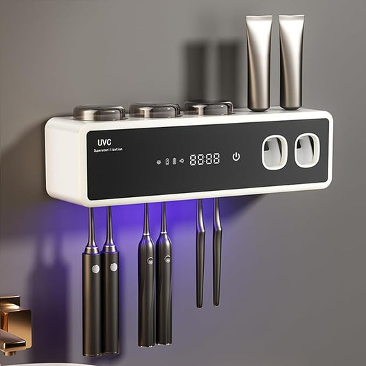 Wall Mounted Toothbrush Holders, Automatic Toothpaste Dispenser, 3 Cup Rechargeable Electric Toothbrush Holder with Smart Cleaning and Hot Air Drying,Bathroom Decor and Accessories (White)