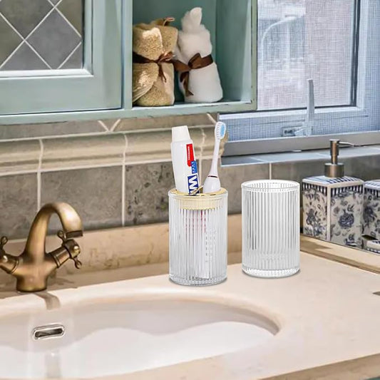 Toothbrush Holders for Bathrooms, 2pcs Glass Toothbrush Holder, 12oz Bathroom Tumbler and Mouthwash Cup, Tooth Brush and Toothpaste Organizer for Bathroom Vanity Countertop (Clear Gold)