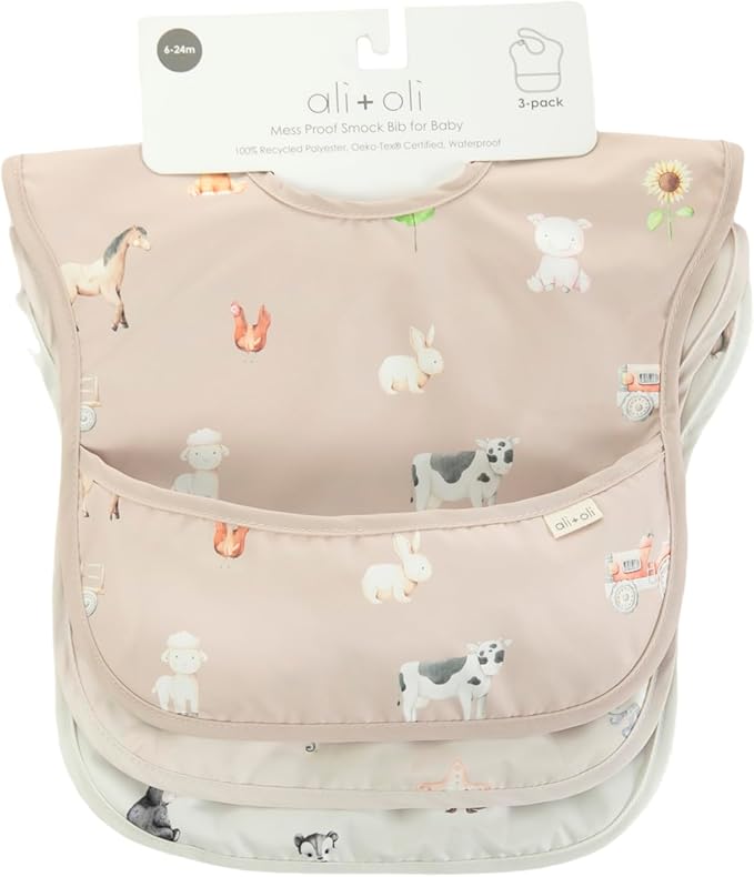 Ali+Oli Smock Bibs for Babies, BPA-Free Oeko-Tex Certified, Waterproof Baby Smock, Machine Washable, Toddlers Ages 6m+