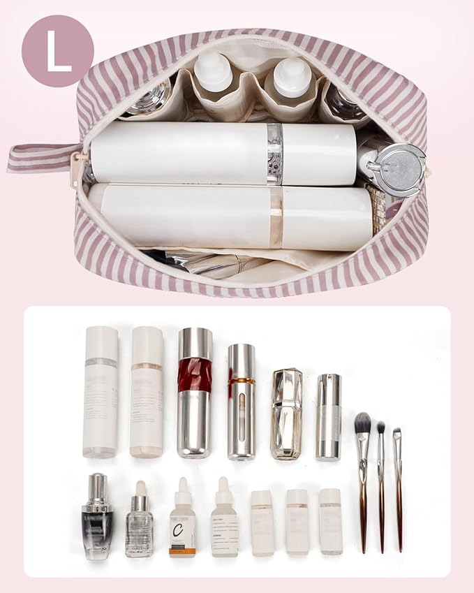 Narwey Cute Makeup Bag Small Toiletry Bag Travel Cosmetic Bag Organizer Make Up Bags with Organized Pockets for Women (Dusty Rose Stripe, Large)