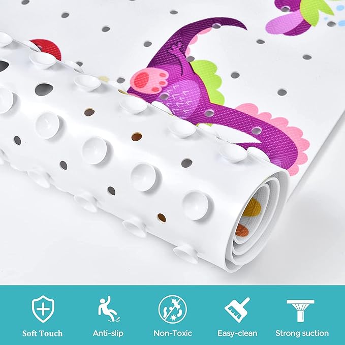Bath Mat for Tub for Kids Dinosaur Non Slip Bathtub Mat for Baby Toddler 40X16 Inch Long Anti Skid Bathroom Shower Mat with Suction Cups & Drain Holes