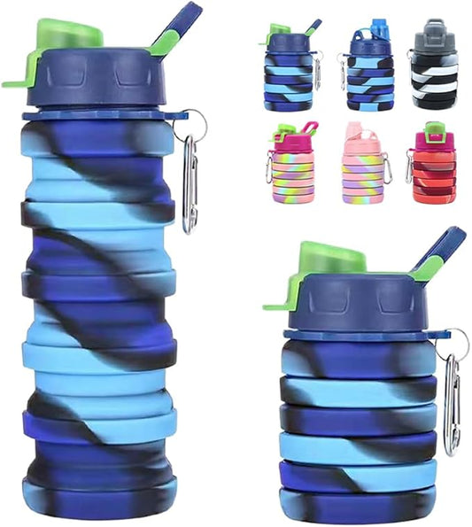Silicone Collapsible Water Bottles, 16oz 500ml Portable Foldable Expandable Water Bottle Sports Cups, Leak Proof Reusable BPA Free, for Outdoor Activities Travel (2# Blue)