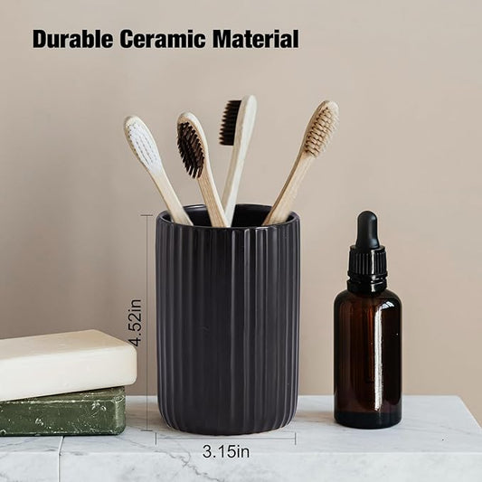 Toothbrush Holders for Bathrooms, Ceramic Tooth Brush Holder Set, Ribbed Bathroom Cups Tumbler, Reusable Toothbrush Mouthwash Cup, Toothpaste Holder Toothbrush Organizer for Bathroom Counter