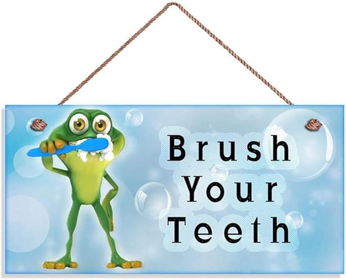 Brush Your Teeth Wood Sign Kids Bathroom Reminder Sign Wall Plaque Frog Brushing Teeth Bubbles 12x6inches(1068qq)