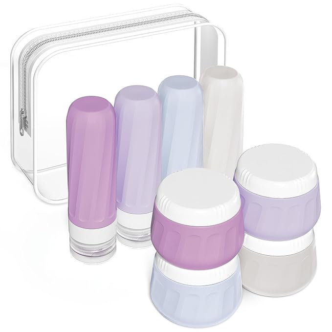 Travel Size Toiletries 8 Pack, TSA Approved 3oz Silicone Squeeze Bottles & Cream Jars with Clear Travel Bag