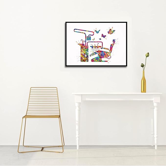 HFKSRJGW Dental Wall Art,Dentist Chair And Butterfly Watercolor Print Dental Tools Tooth Medical Art Teeth Clinic Decor Gift Dentist Dentistry Office Wall Art,12"x16"Framed Wall Art