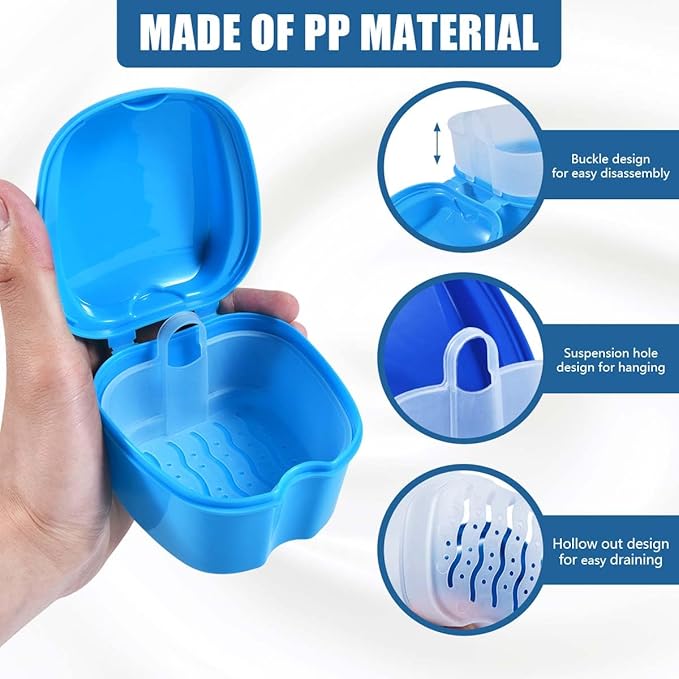 3 Pack Colors Denture Bath Case Cup Box Holder Storage Soak Container with Strainer Basket for Travel Cleaning (Blue, Light Blue, Purple)