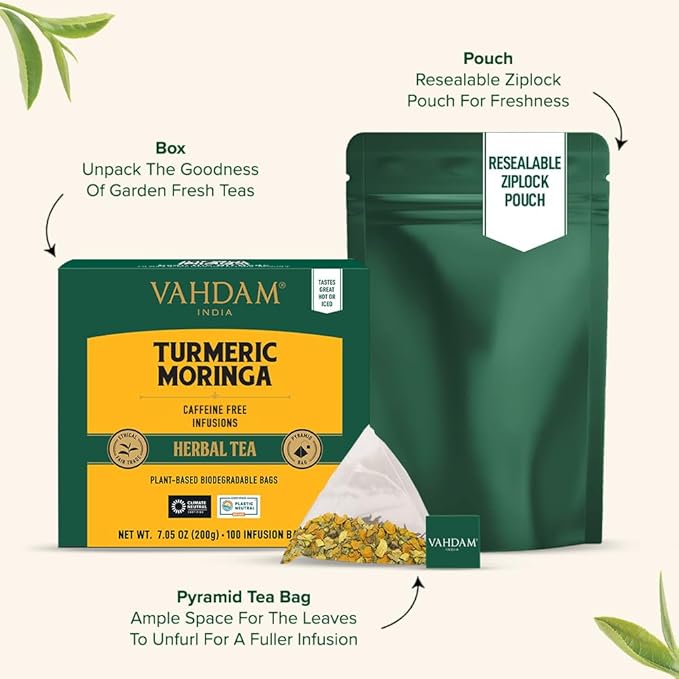 VAHDAM, Turmeric Moringa Tea Bags (100 Herbal Tea Bags) Caffeine Free, Non GMO | 100% Pure Herbal Blend - Sweet & Earthy | Resealable Ziplock Pouch