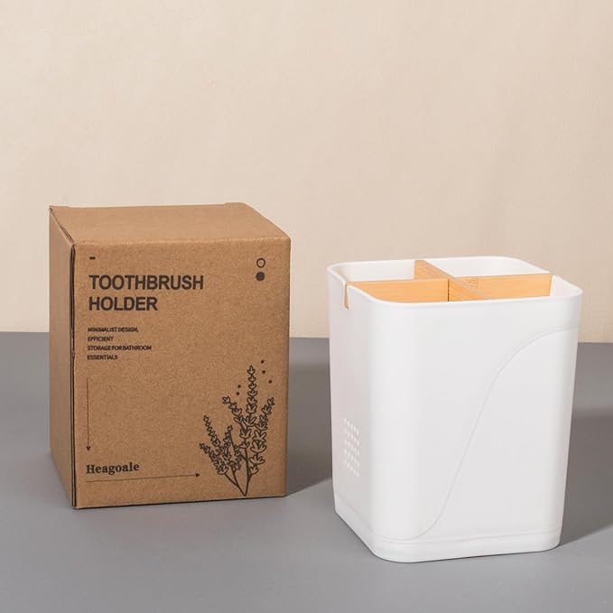 Toothbrush Holders Drainage for Bathrooms, 4 Slots Tooth Brushing Holder with Bamboo Dividers Plastic Electric Toothbrush and Toothpaste Caddy Organizer for Sink, Counter, Shower, Vanity, White