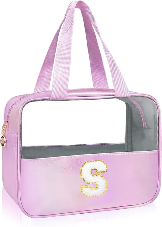 Personalized Initial S Clear Purple Makeup Bag - Large Travel Toiletry Bag, Cute Cosmetic Organizer Set for Girlfriend, Teacher, Teen Girl Gifts