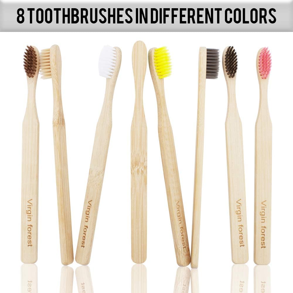 Virgin Forest 8 Pcs Bamboo Toothbrush, BPA-Free Soft Toothbrushes, Natural Eco-Friendly Biodegradable Best Travel Wood Toothbrush Set, for Sensitive Gums
