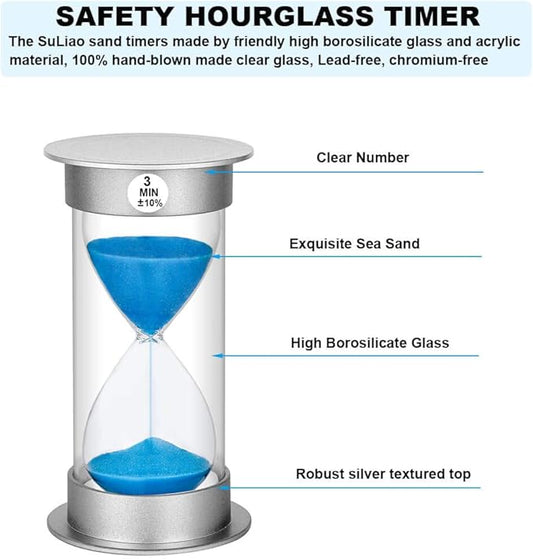 Sand Timer 3 Minute Hourglass Timer, Plastic Sand Watch 3 Min, Large Sand Clock 3 Minutes, Hour Glass Sandglass Timer for Kids, Games, Classroom, Kitchen, Decoration Blue