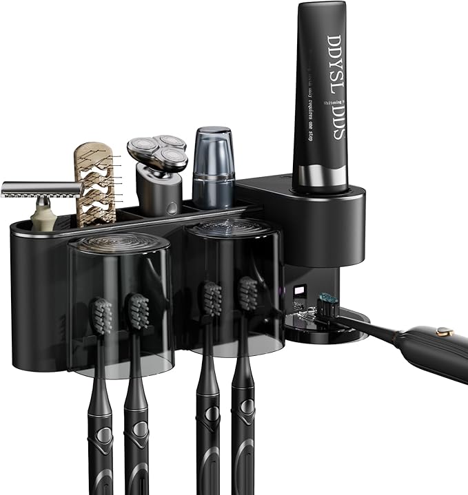 Automatic Toothpaste Dispenser Wall Mounted: 2 Cups Toothbrush Holders Black Electric 6 Adjustable Levels Auto Toothpaste Squeezer Smart Rechargeable Touchless for Kids Adults - Bathroom