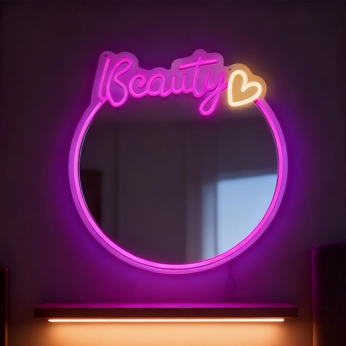 Pink Beauty Neon Sign Mirror, Dimmable Acrylic Circle Wall Decor with USB Power, Shatterproof Vanity Mirror for Girls Teens Room, Christmas Birthday Gift