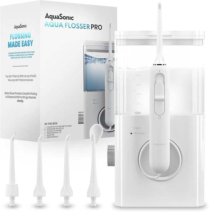 AquaSonic Aqua Flosser PRO | Professional Water Flosser with Large Capacity Reservoir | Oral Irrigator w/ 2 Modes, 10 Levels of Water Pressure, 4 Included Tips | Sleek & Compact
