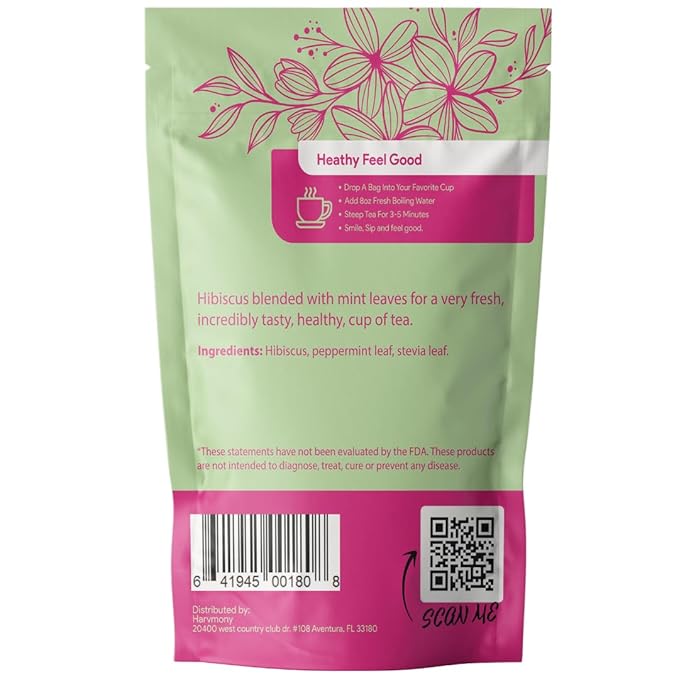 Hibiscus Mint Herbal Tea – 30 Tea Bags – Caffeine-Free, Antioxidant-Rich Blend for Heart, Immune & Digestive Support – Refreshing Herbal Infusion