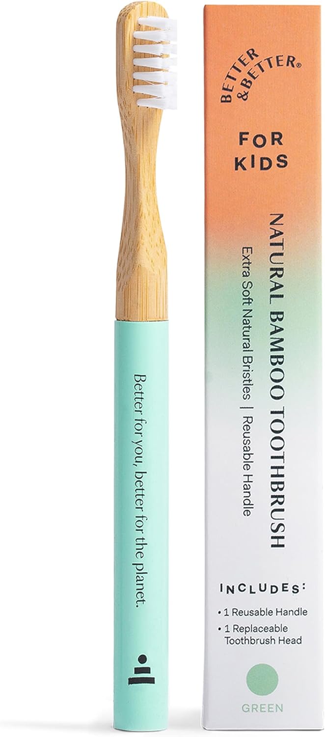 Better & Better Natural Bamboo Toothbrush for Kids | Extra Soft Bristle Toothbrush | 100% Plant-Based | Reusable Handle, Replaceable Brush Head | Eco-Friendly, Zero Plastic (Green)