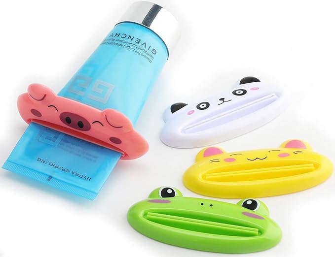 Pasow Cartoon Animal Plastic Frog Cat Panda Pig Shaped Toothpaste Cream Squeezers - Pack of 4 Mix Designs