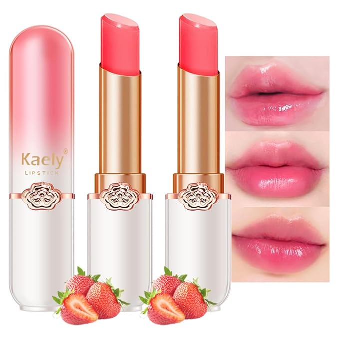 Kaely 2Pcs Strawberry Hydrating Lipstick Tinted Lip Balm, Color Changing PH Lipstick Makeup, Korean Magic Lip Stain Long Lasting Waterproof, labiales magicos 24 horas originales