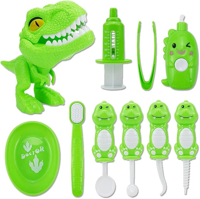 Bundle 19PCS = 9PCS Plastic Simulation Dentist Play Set （Light Blue） + 10PCS Plastic Dinosaur Simulation Dentist Play Set (Green)