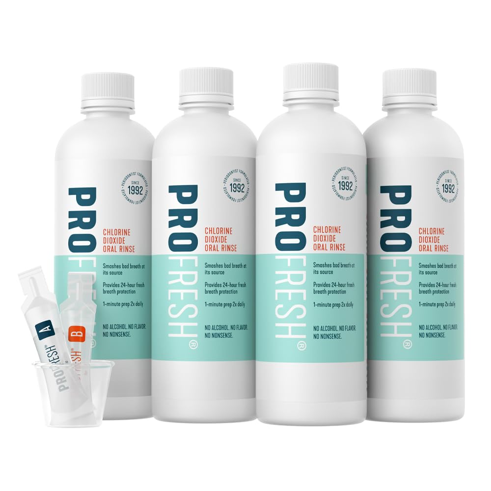 ProFresh Oral Rinse, 16.9 Ounce Bottle (Pack of 4), 2 Month Supply, Includes Prep Packs, Alcohol Free, Flavor Free, Fights Bad Breath