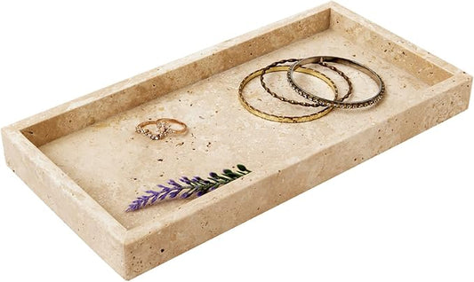 Marble Vanity Tray Italy Natural Travertine Stone Decorative Tray for Perfume, Cosmetic and Kitchen Organization, Coffee Table Display Beige