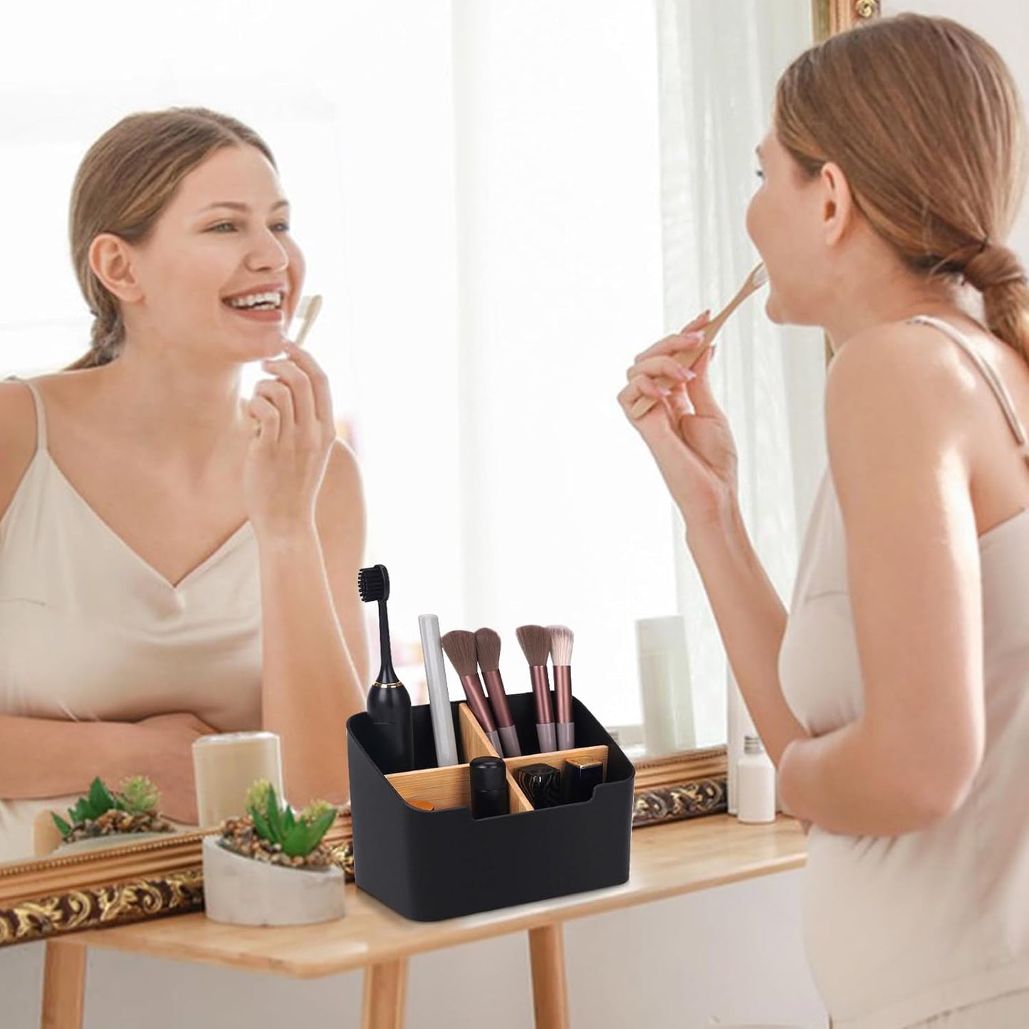 Toothbrush Holders for Bathrooms,Electric Toothbrush and Toothpaste Holder with Divider for Bathroom Countertop Organizer,Toothbrush Caddy for Kids Family Counter Vanity Storage Black