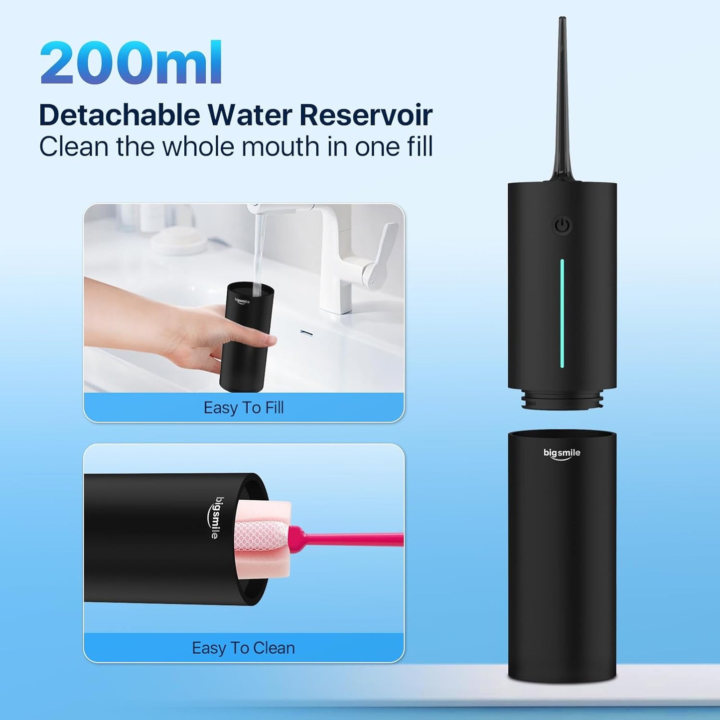Bigsmile Black Water Flosser Cordless Portable Dental Irrigator Travel Shower Strong Pick Floss IPX7 200ML Must Have for Kids Braces Bridges (Black