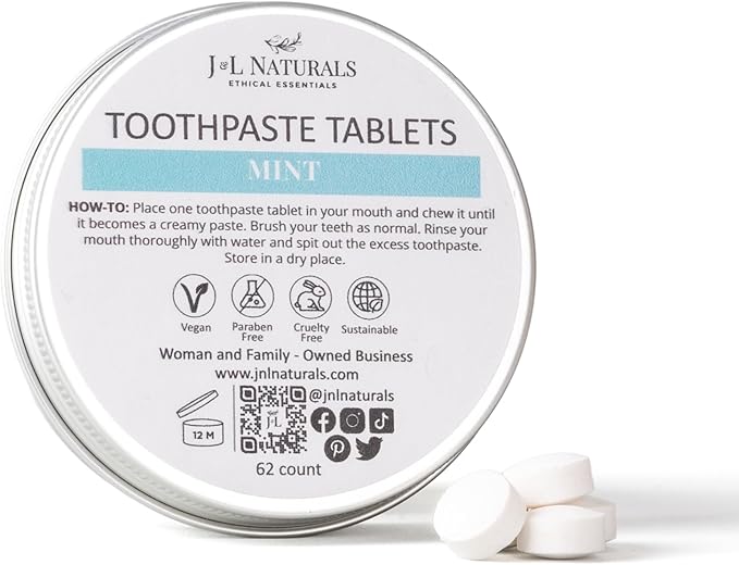 J&L Naturals Toothpaste Tablets | 62-Pack Travel-Friendly Toothpaste | Fluoride + Plastic Free, Vegan, Cruelty Free, Sustainable | Woman-Owned Small Business (Mint, 62 Count (Pack of 1))