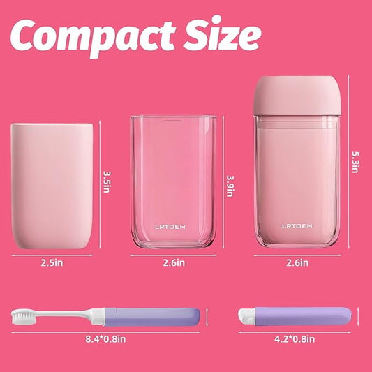 Travel Toothbrush Cup Set, Portable Travel Wash Cup with Foldable Toothbrush, Small Toothbrushes Case Holder with Cover, Lightweight Mini for Hiking, Business Trip (Pink)