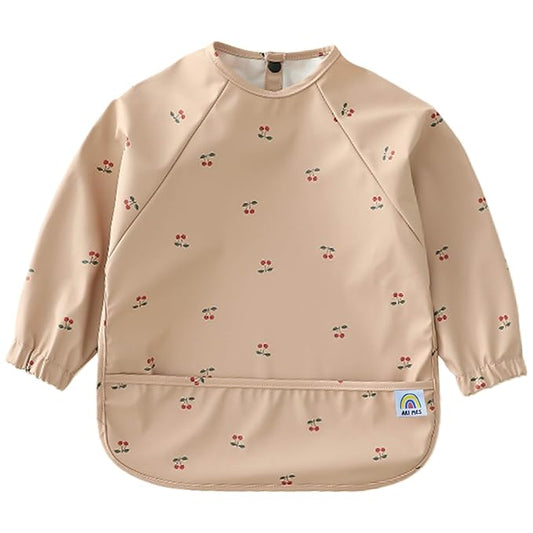 ARI MES Long Sleeves Waterproof Baby Bibs for Eating - Cherries, Medium- Wearable, Coverall for Toddler, Long Sleeve Bib, Smock Apron for Feeding - Applicable for 6-72 Months