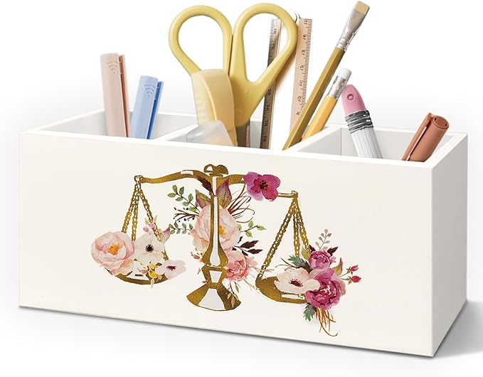Lawyer Attorney Gifts for Women Pen Pencil Holder for Desk, Lawyer Graduation Gifts, Floral Scales of Justice Wooden Box Decorative Sign for Home Office Desk Tabletop Decor