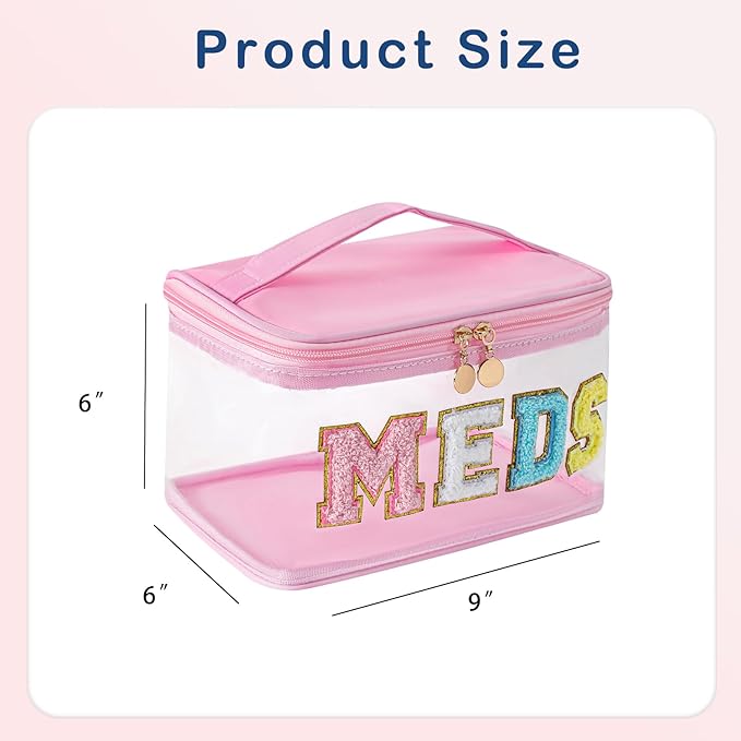 Large Waterproof Chenille Letter Medicine Clear Makeup Bag, Transparent PVC Nylon Preppy Patch Cosmetic Bag with Handle, Portable Meds First Aid Travel Organizer Cosmetic Bag (04MEDS-Light Pink)