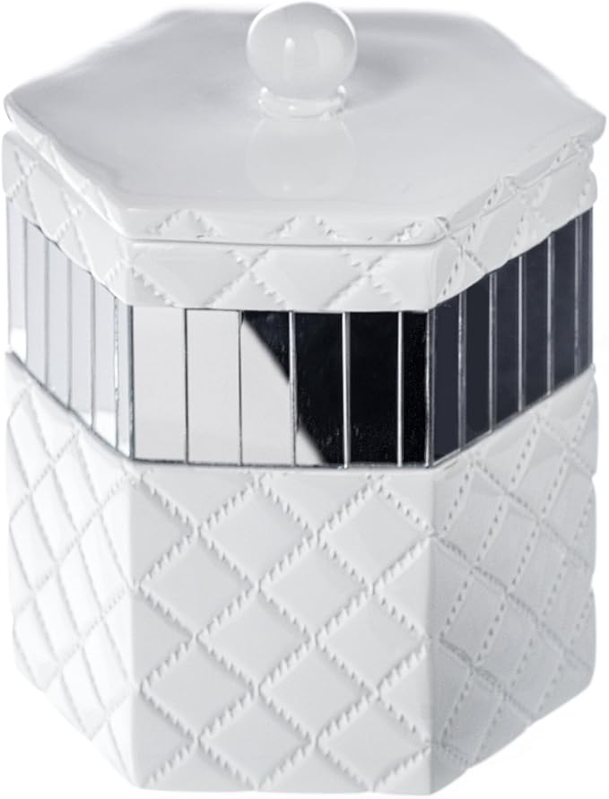 Creative Scents Quilted Mirror Q-Tip Holder, Decorative Bathroom Vanity Cotton Swab Holder Canister Jar With Lid for Cotton Balls, Durable Resin Cosmetic Pads & Swabs Container