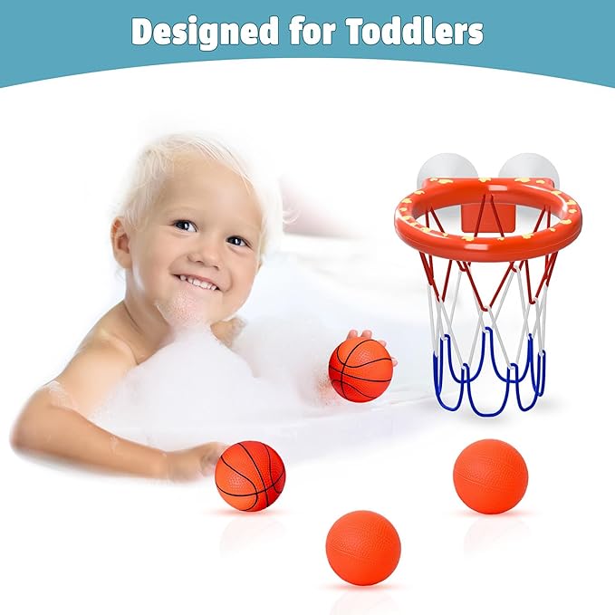 Bath Toys, Bathtub Basketball Hoop for Toddlers Kids, Boys and Girls with 4 Soft Balls, Mold Free & Strong Suction Cup, Bathtub Shooting Game & Fun Toddlers Bath Toys for Boys or Girls
