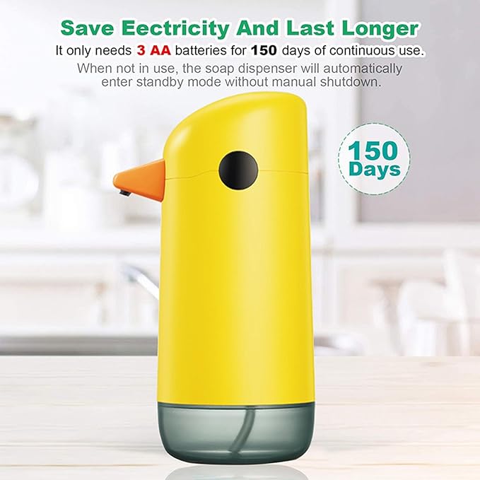 Automatic Soap Dispenser Yellow Duck Cute Touchless Visual Liquid Level Battery Powered Smart Sensor Foam Dispenser for Kids Bathroom ABS Material